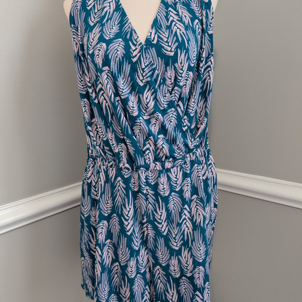 Leota Teal and Light Pink Feather Pattern Romper